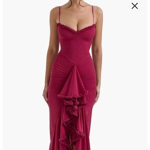 house of cb gabby dress - wine Elegant Burgundy Ruffled Skirt